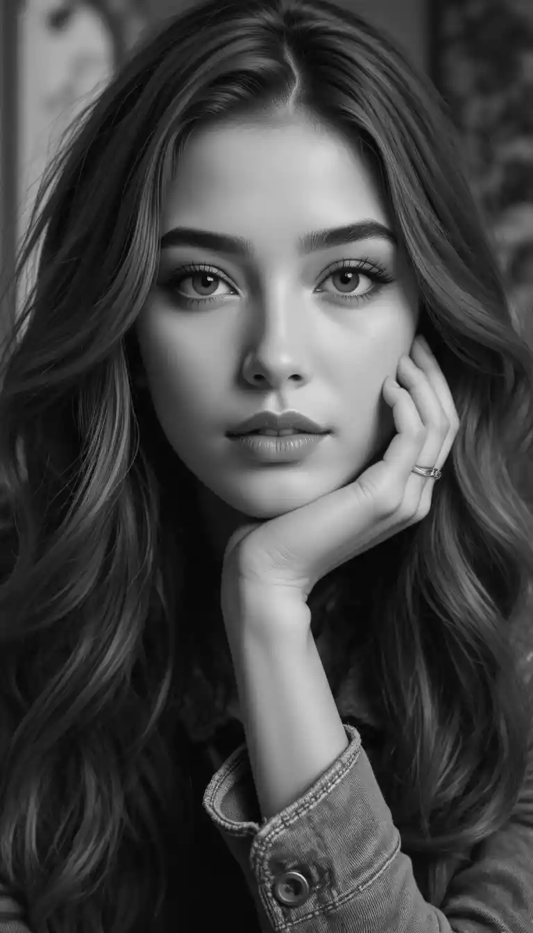 Serene black and white portrait of a woman in denim