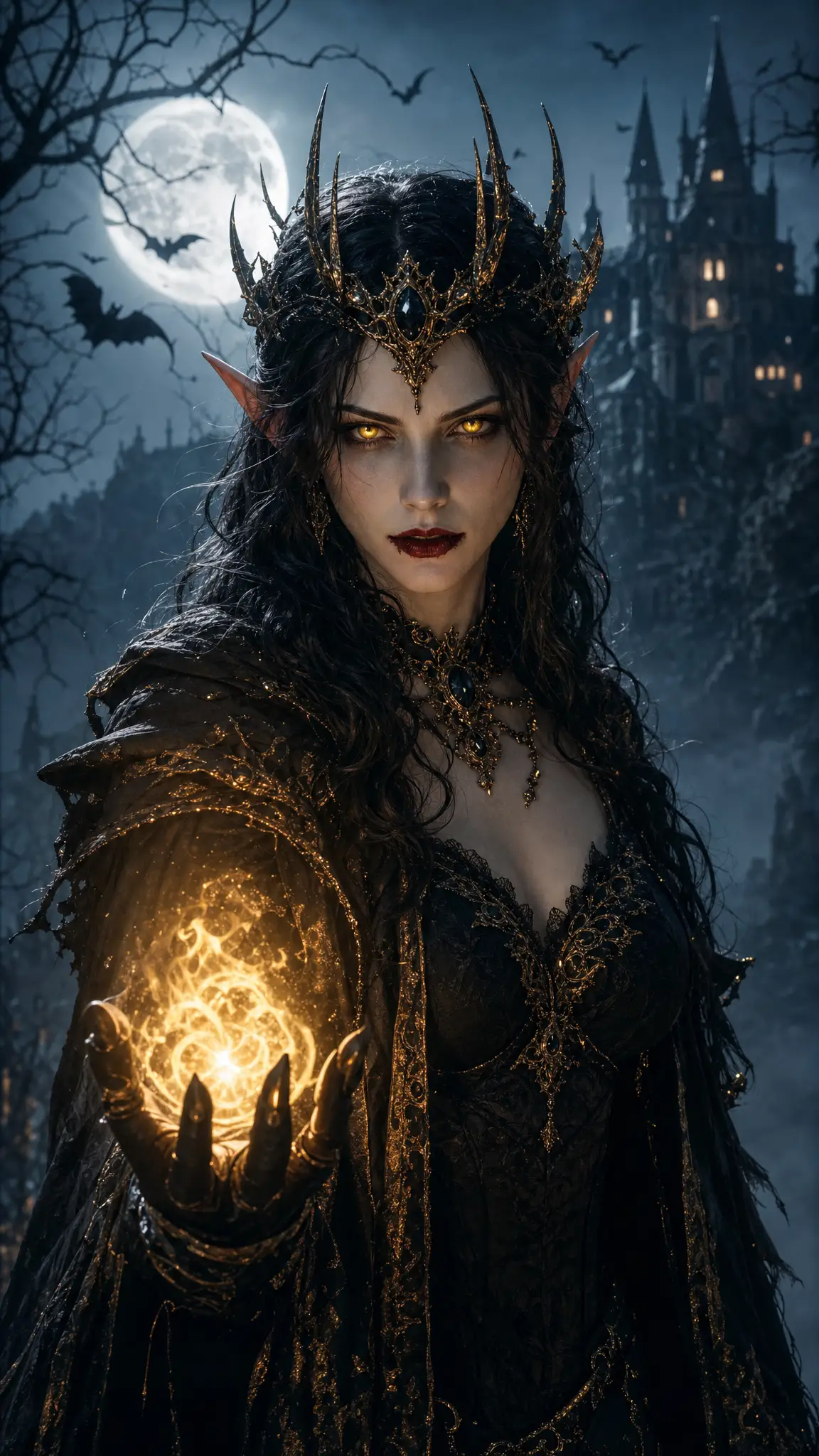 Dark elf queen holding a glowing fire orb