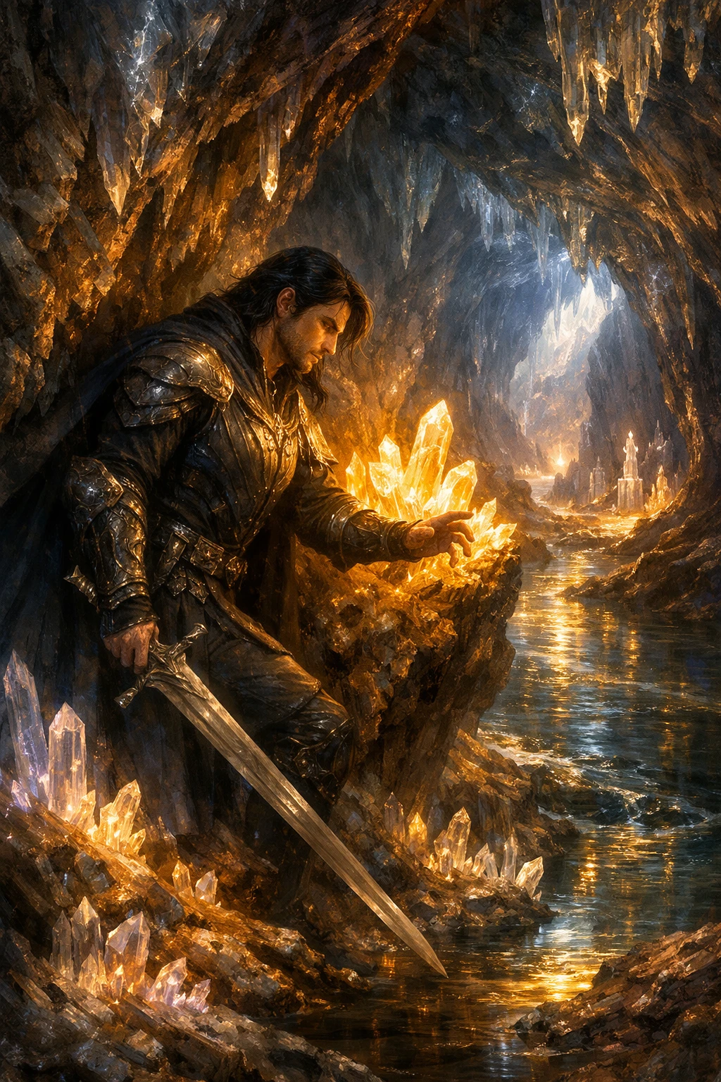 Warrior woman resting in a glowing crystal cave passage