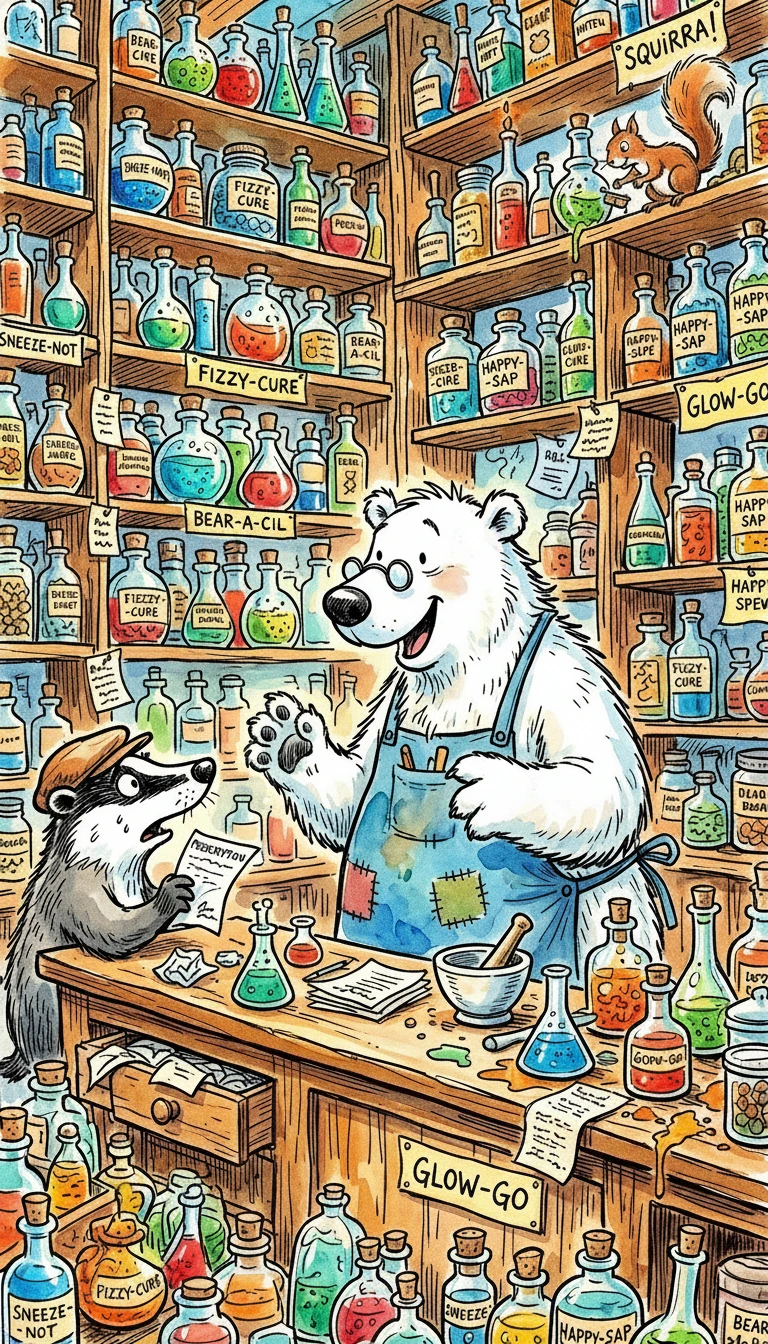 カラフルな薬局のイラストに描かれた陽気な漫画のホッキョクグマ