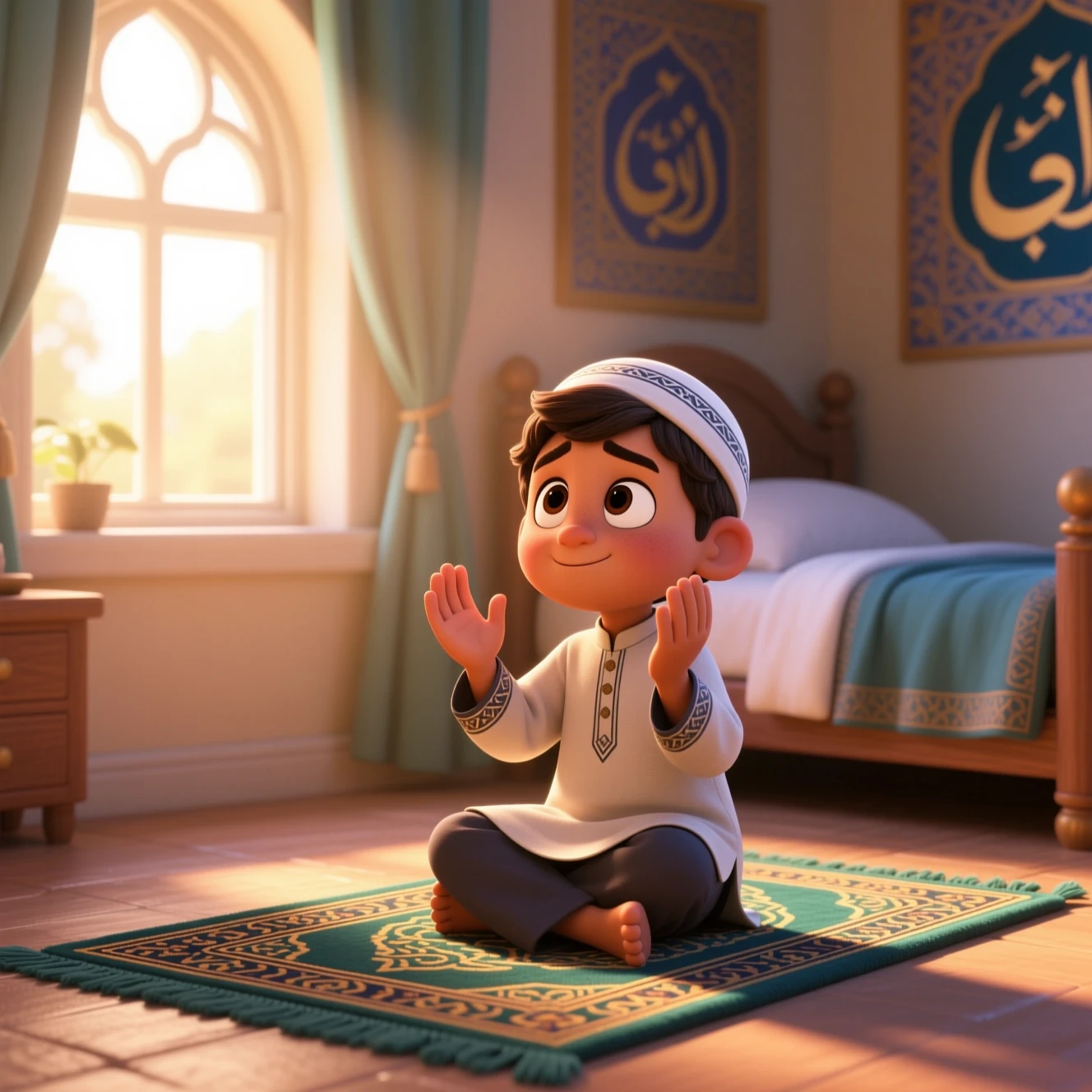 Muslim boy praying on mat in soft morning bedroom light