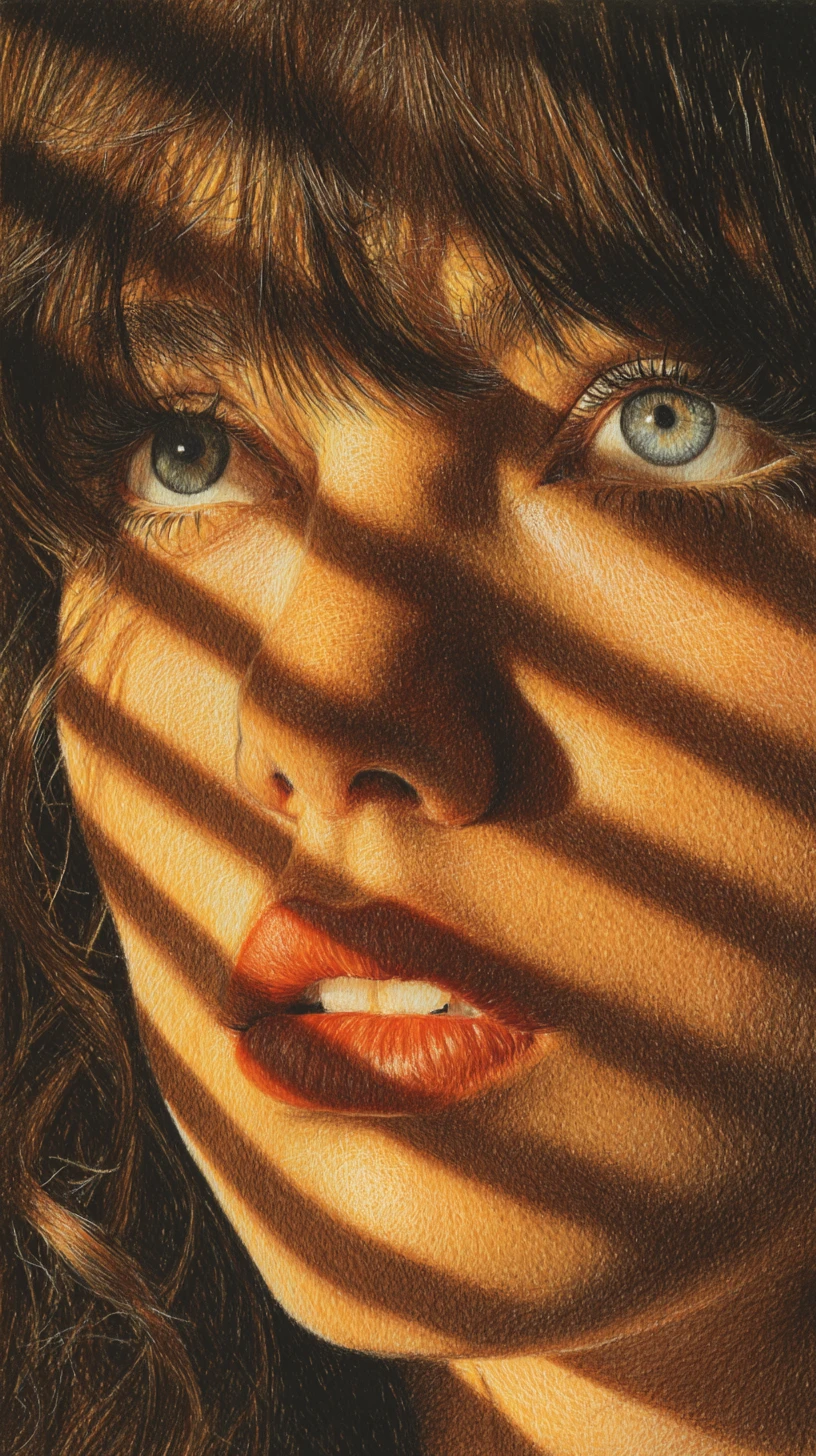 Retrato en primer plano a lápiz de color con luz de ventana a rayas