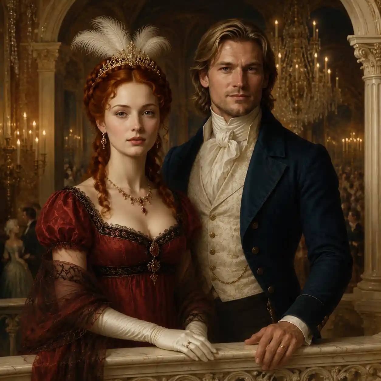 Elegant couple on a terrace before a grand empire ballroom