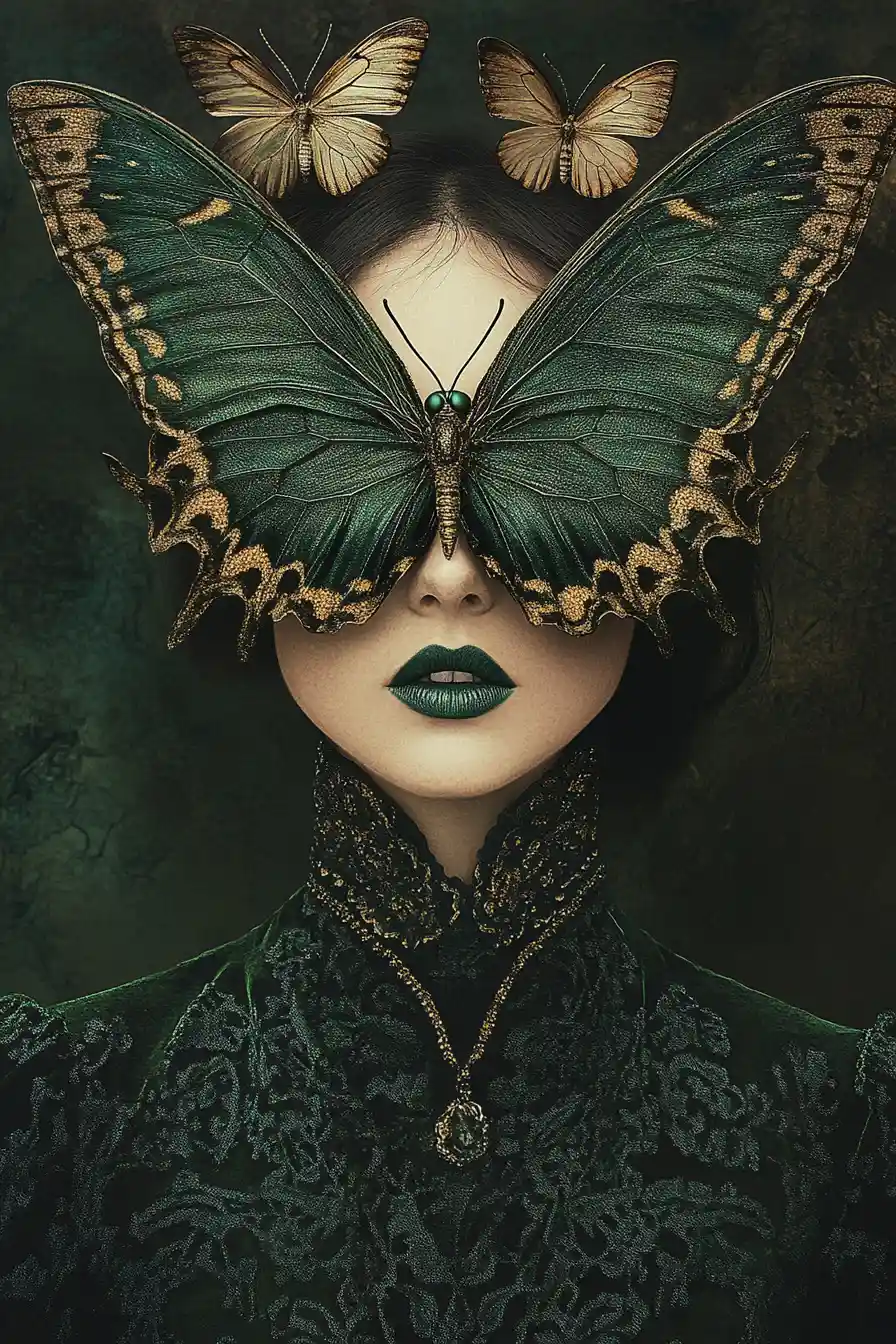 Woman in emerald butterfly mask with ornate green velvet