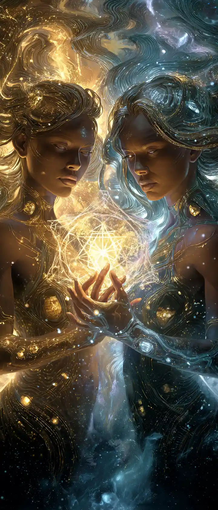 Twin cosmic sisters woven from stardust and liquid gold