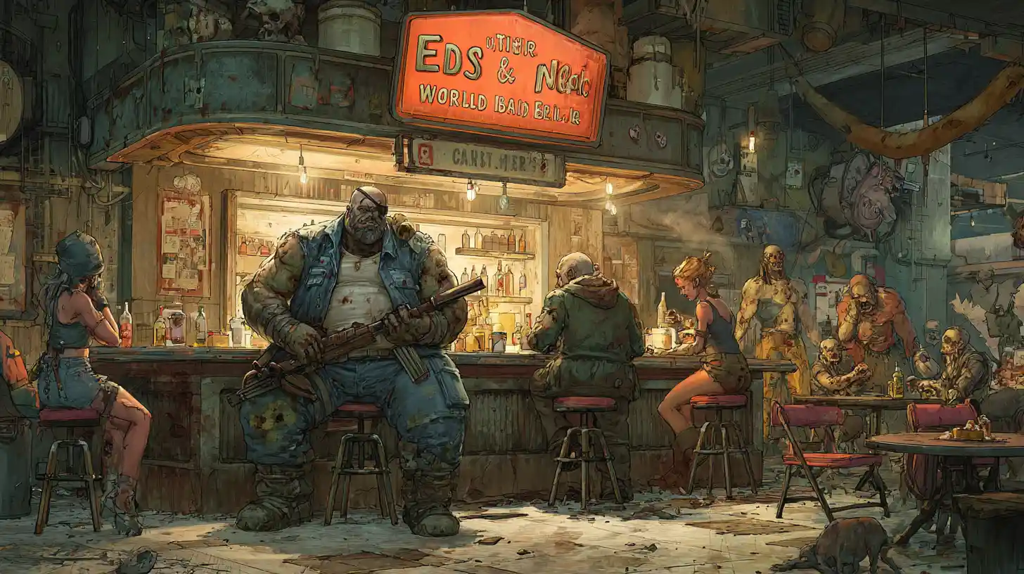 Post apocalyptic bar with zombies and mutants having fun