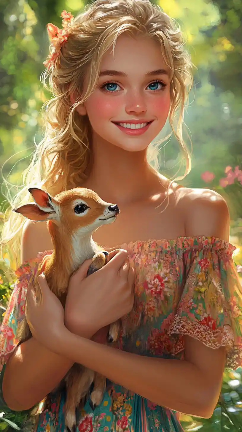 Smiling blonde girl holding a fawn in a colorful dress