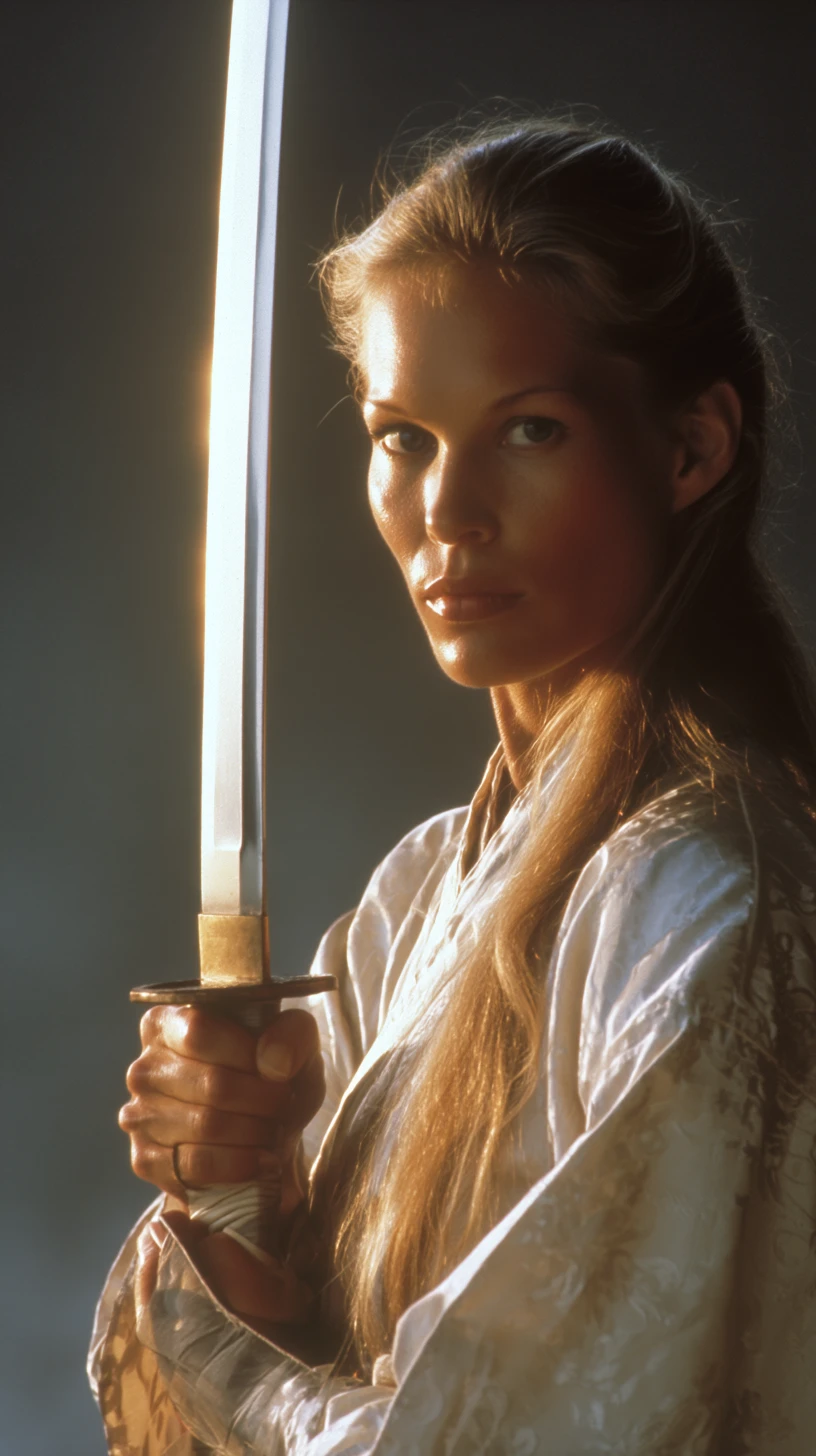 Mujer guerrera con espada japonesa en estilo cinematográfico