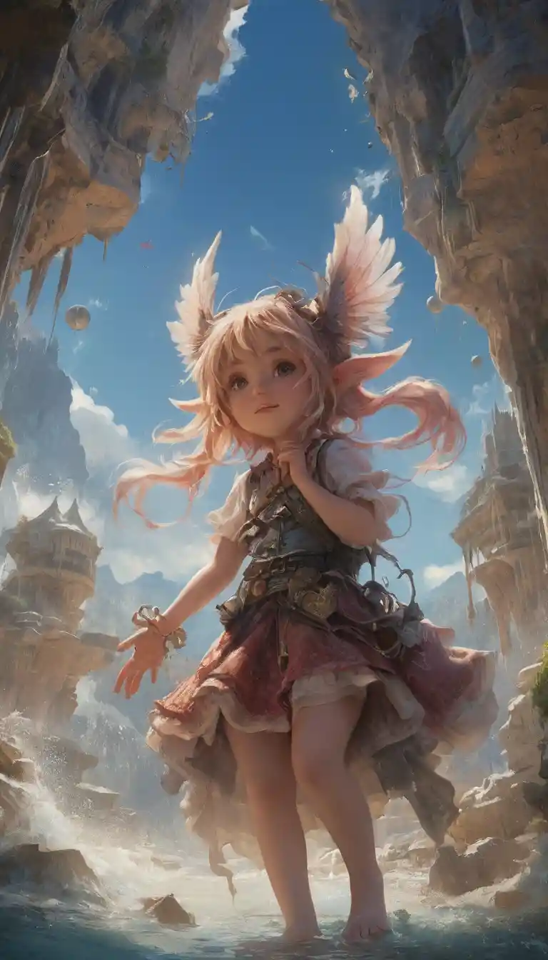Playful fantasy creature in a glowing surreal landscape