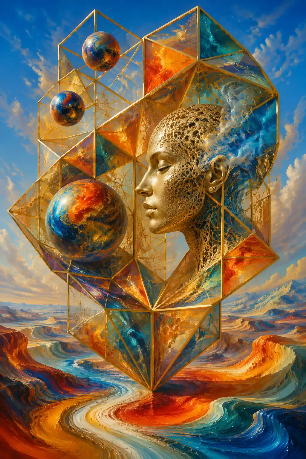 Surreal Golden Geometry Over Flowing Multicolored Landscape