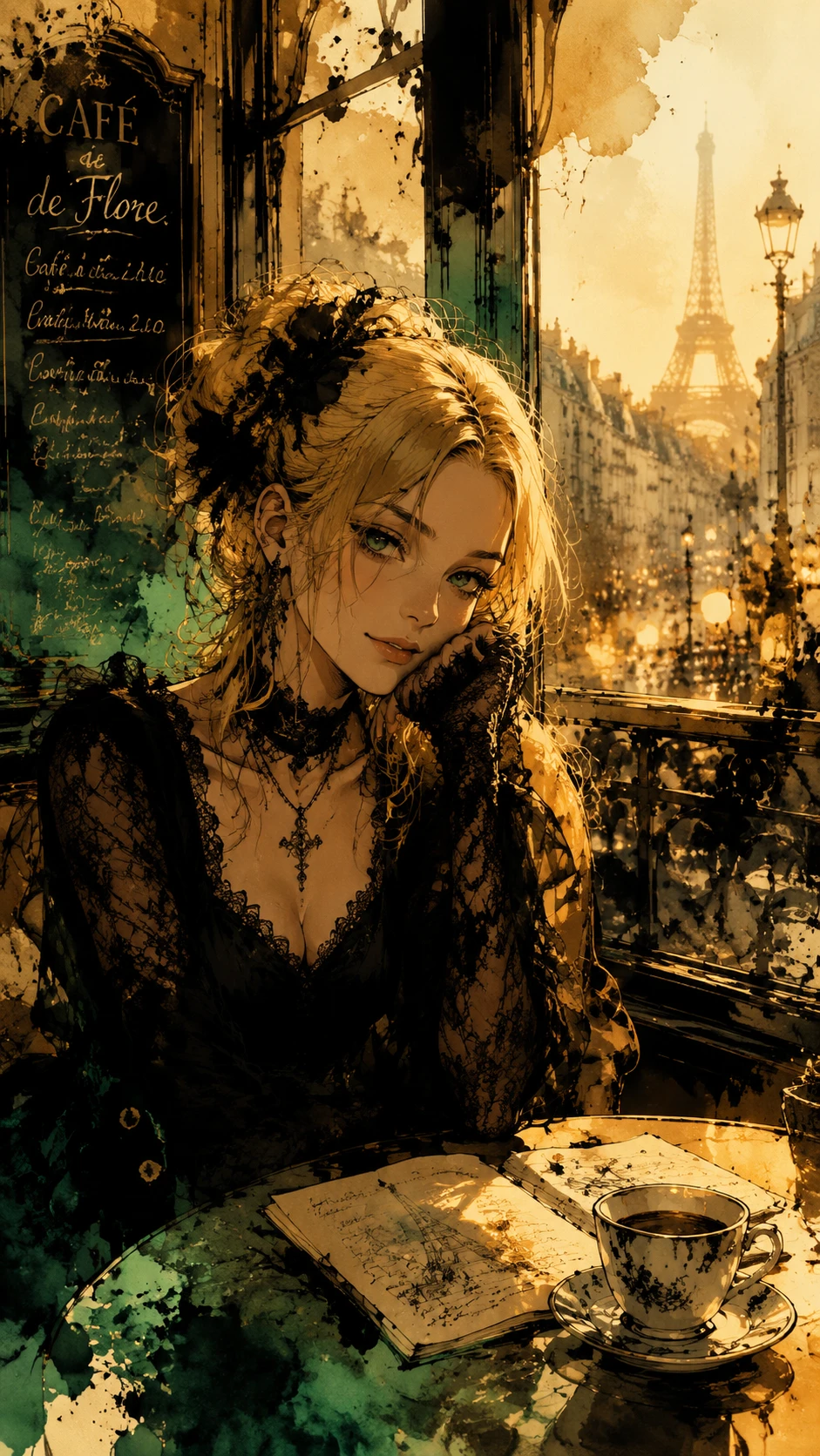 Dreamy gothic girl in a cozy parisian cafe illustration