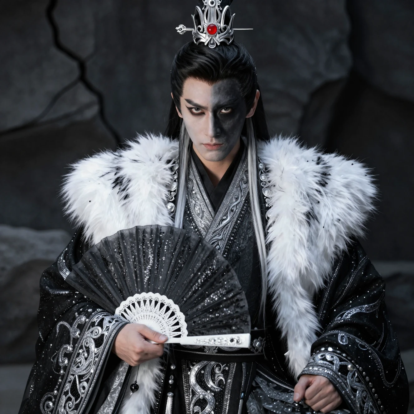 Arrogant fantasy king with dramatic split makeup portrait
