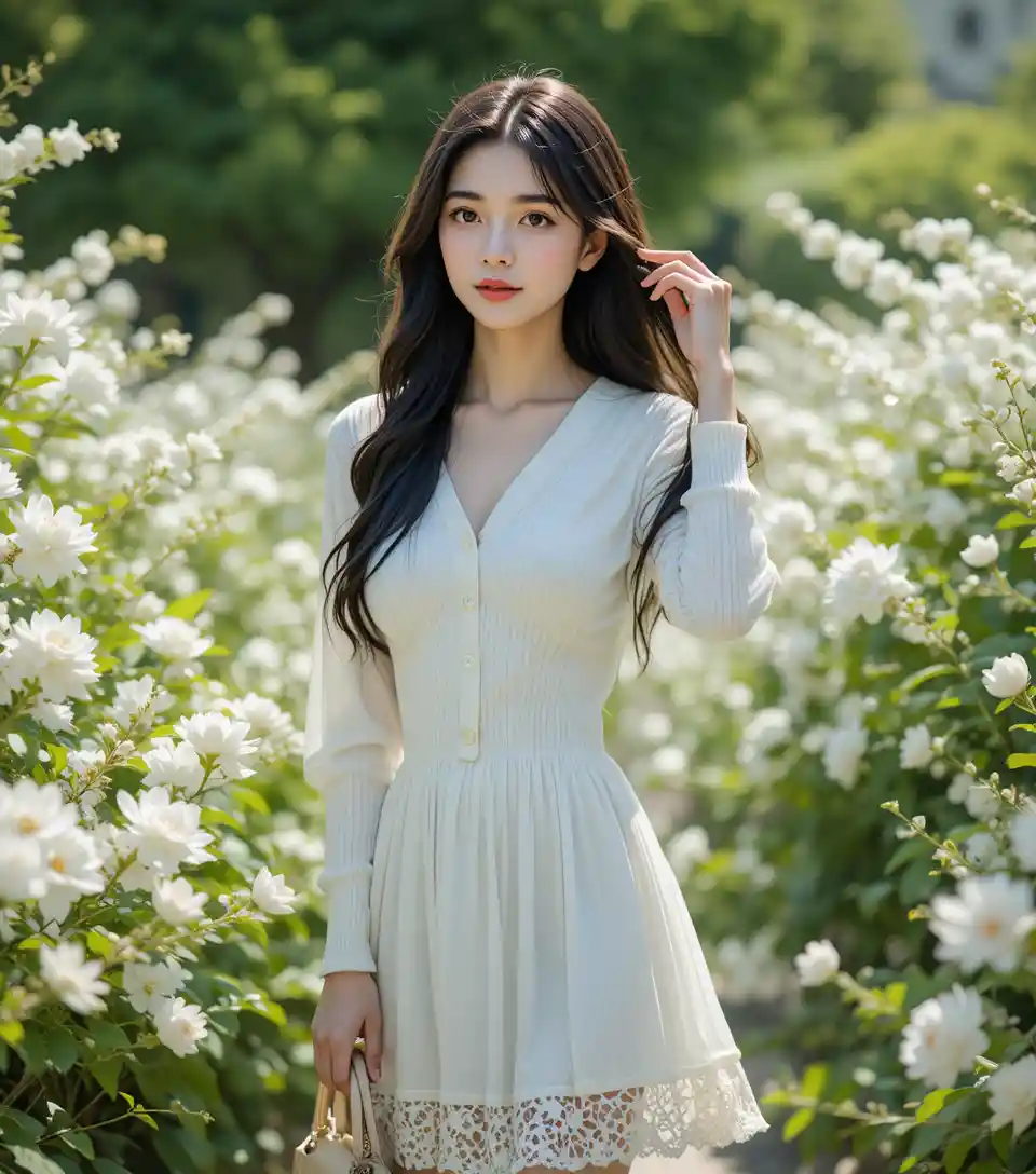 Young woman in white standing in a sunlit garden