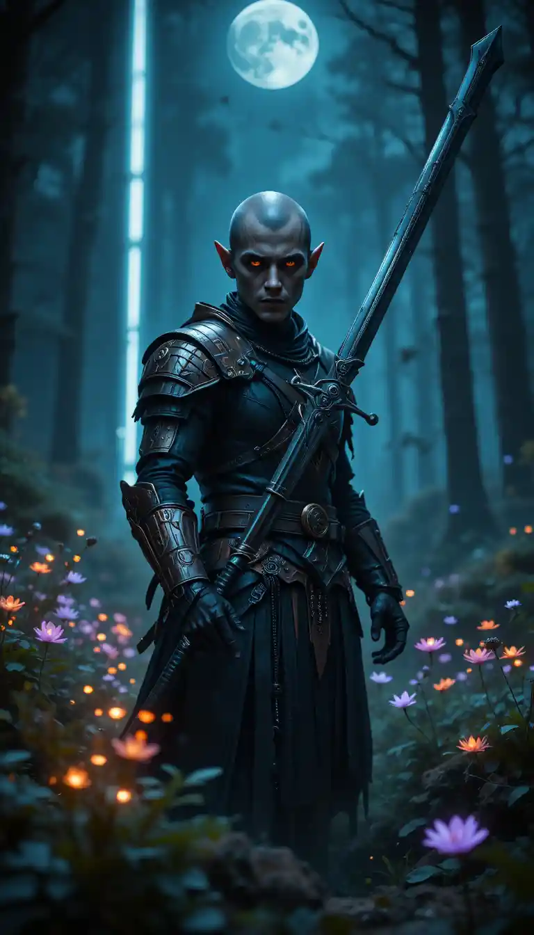 Gothic ranger warrior in moonlit enchanted forest