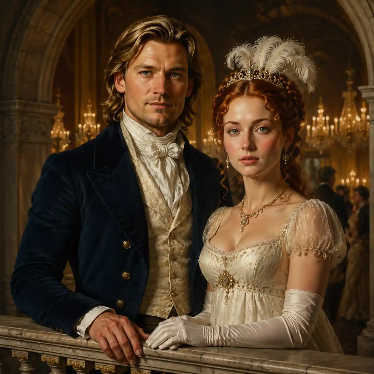 Elegant regency couple on a marble terrace balcony