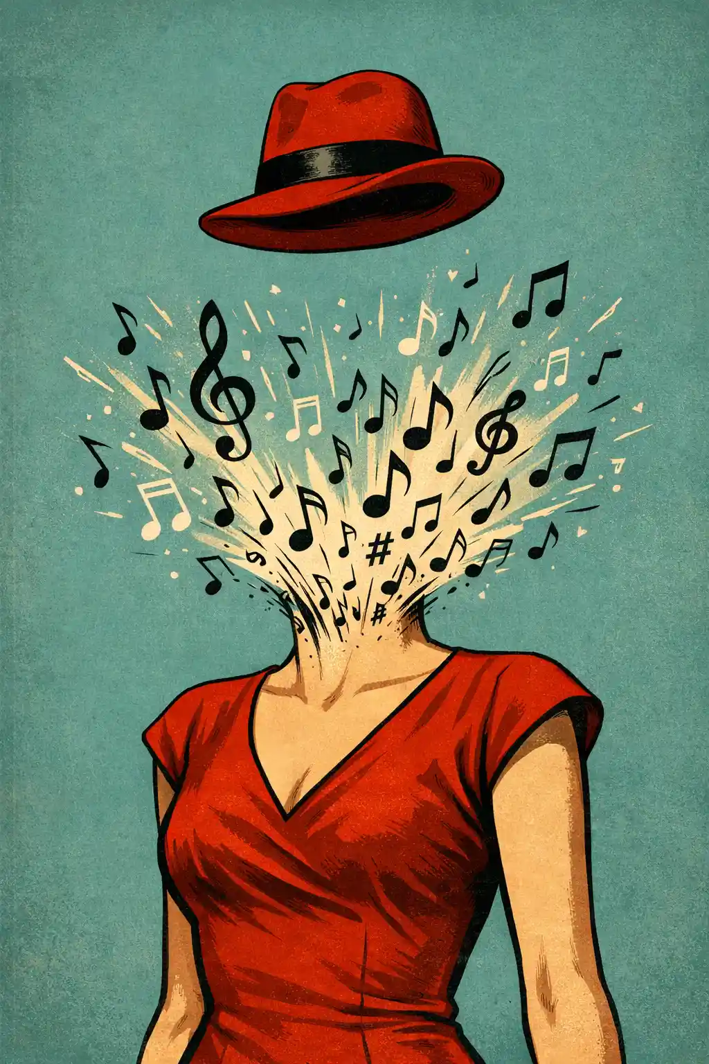 Surreal faceless woman in red dress with musical head