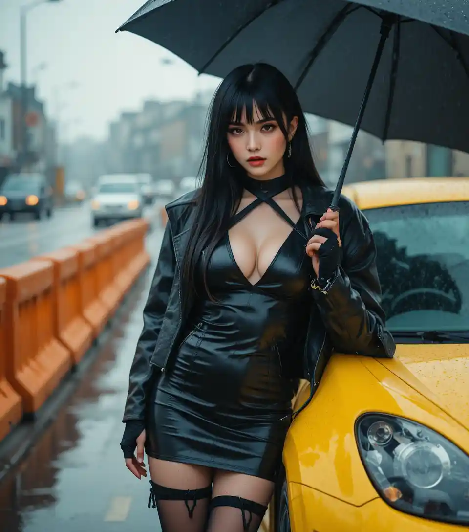 Edgy woman in black leather by yellow car on rainy street