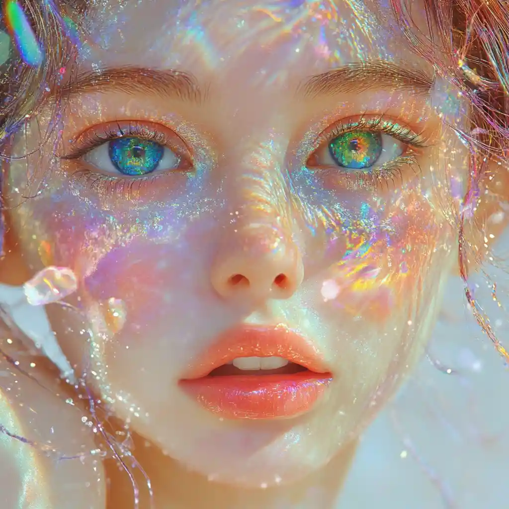 Whimsical metallic fairy in vivid psychedelic pastel colors