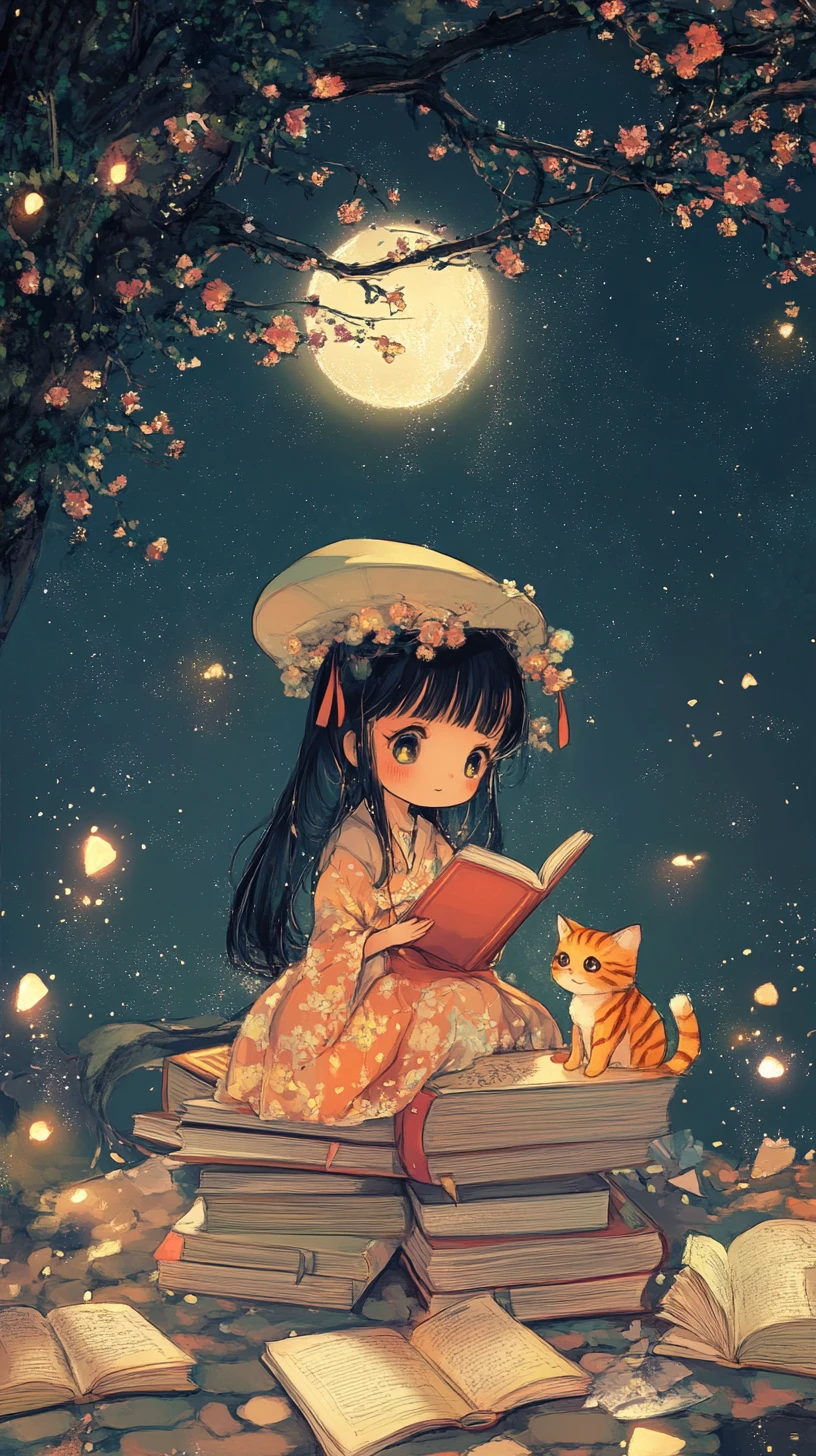 魔法の葉っぱの上で猫と読書するチビ少女の夜