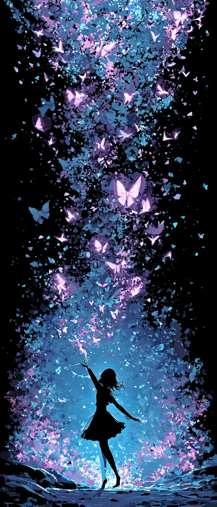 Anime alchemist girl surrounded by glowing ink butterflies