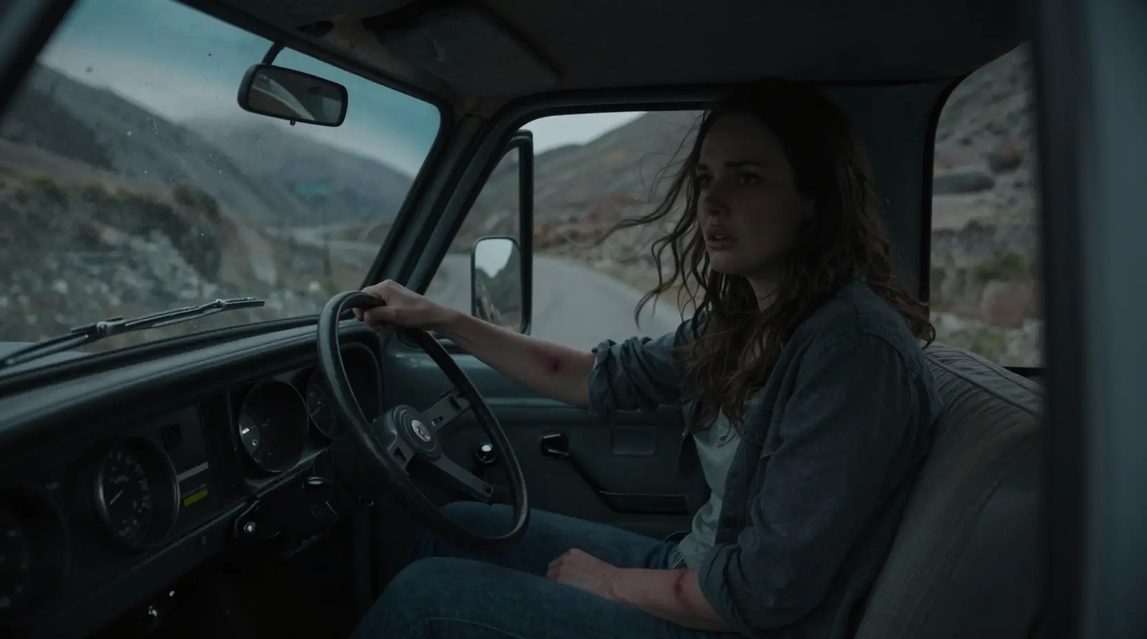 Woman driving alone in an old truck at night