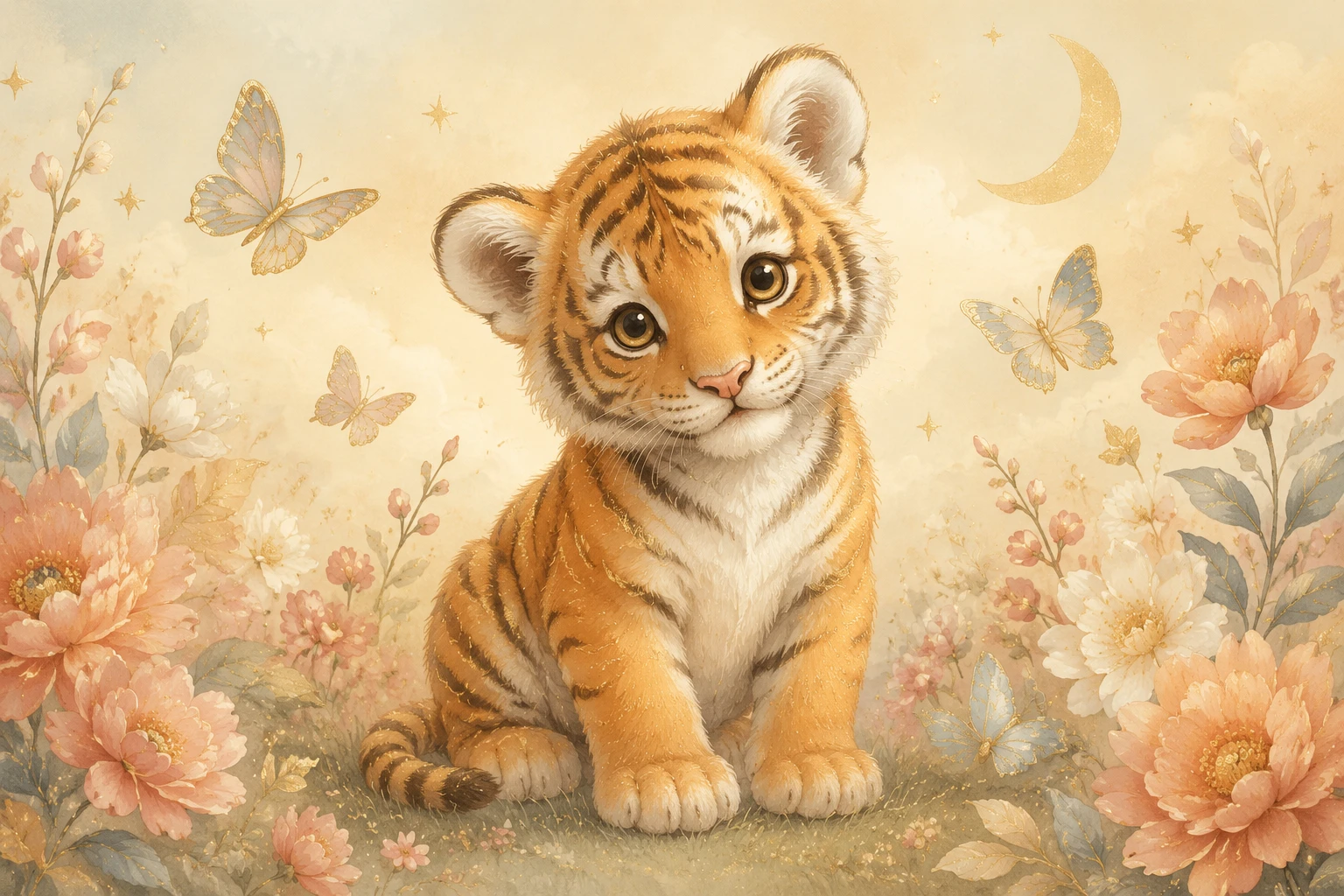 Tigre bebé adorable con mariposas – arte de pared para habitación infantil