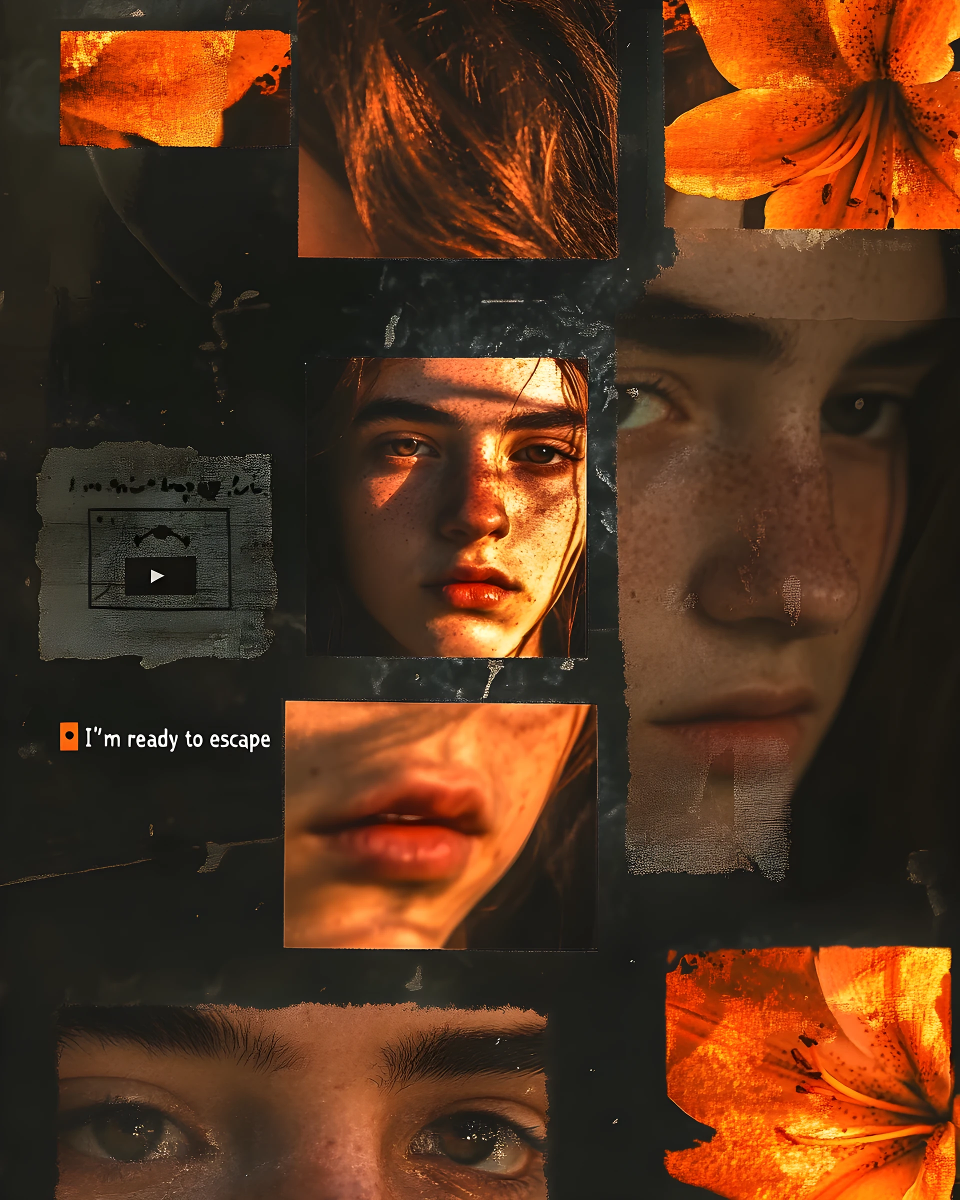 Collage cinematográfico de una chica con iluminación de flash cálida