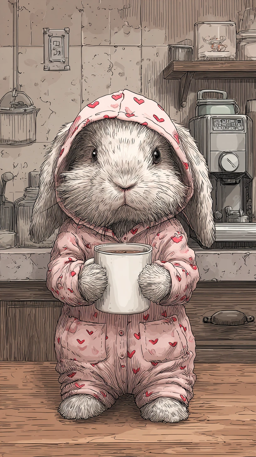 Conejito tierno con mameluco rosa bebiendo de una taza