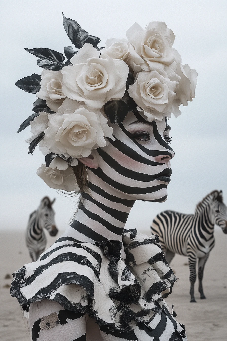 Retrato surreal de mujer con estilo de cebra y tocado floral