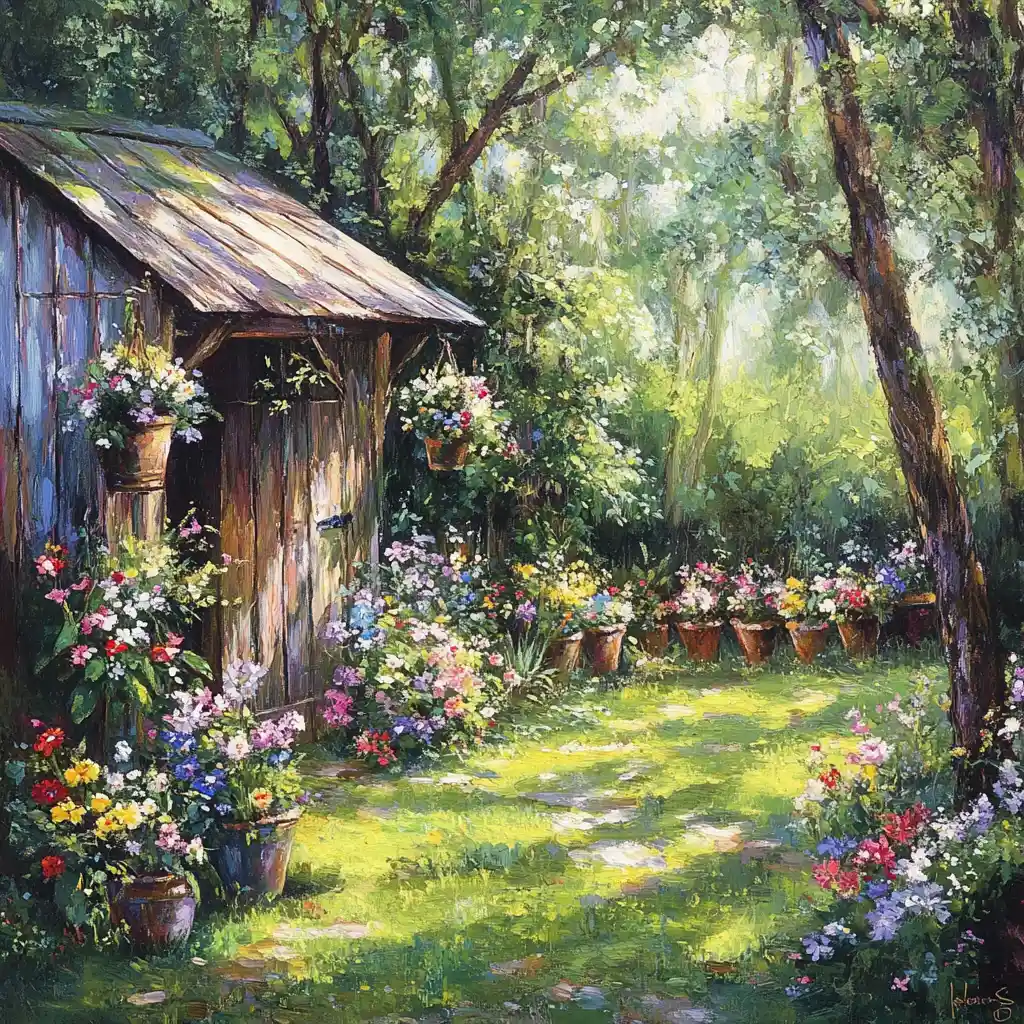 Old garden shed with flowers in a tranquil forest clearing