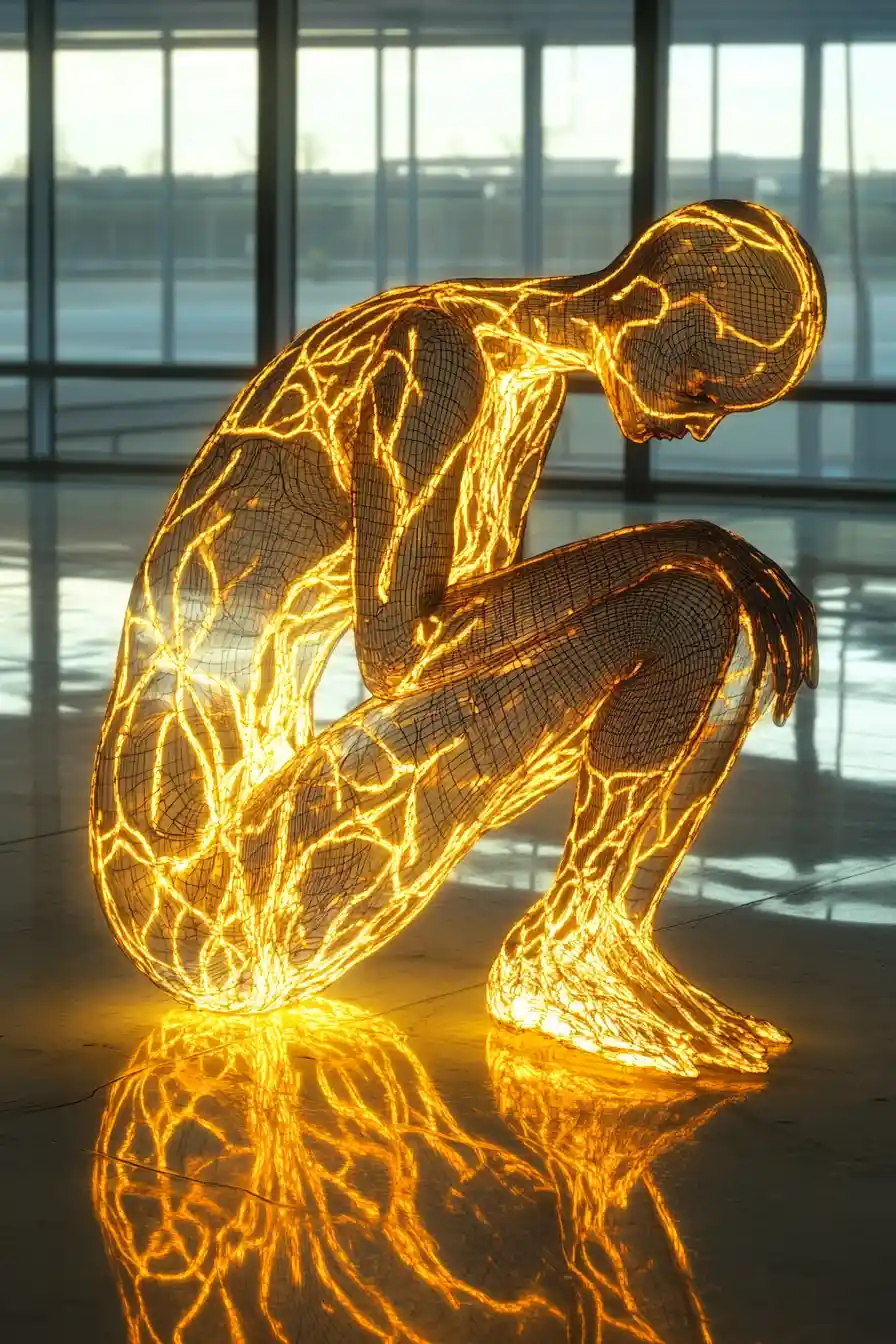 Glowing golden woman kneeling in front of large window