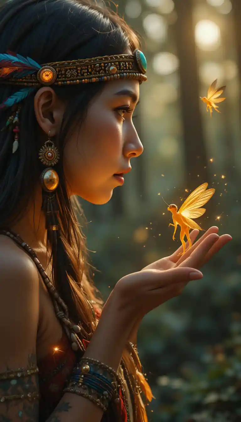 Young profile with glowing firefly spirits in hands