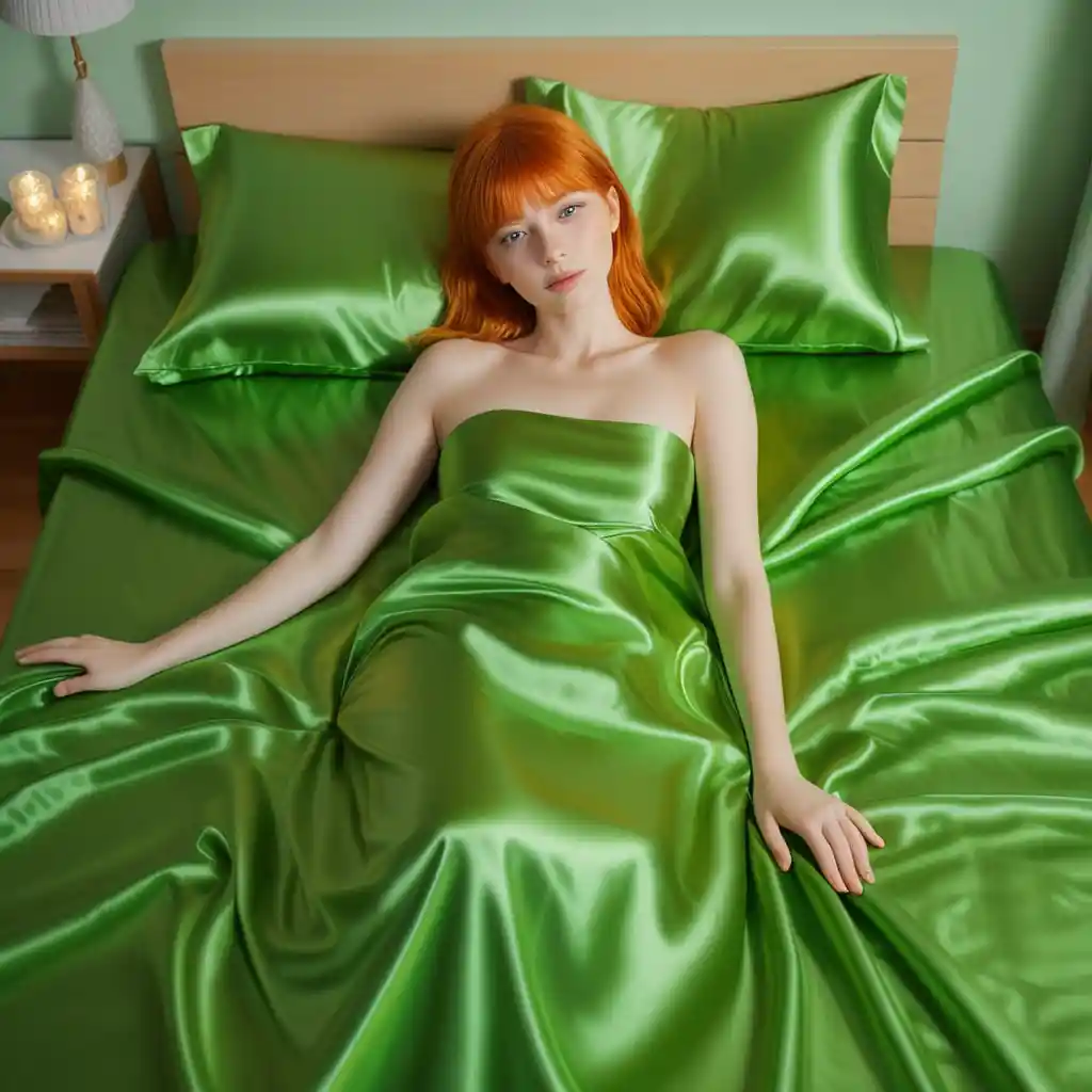 Woman lying on bright green satin bed sheets