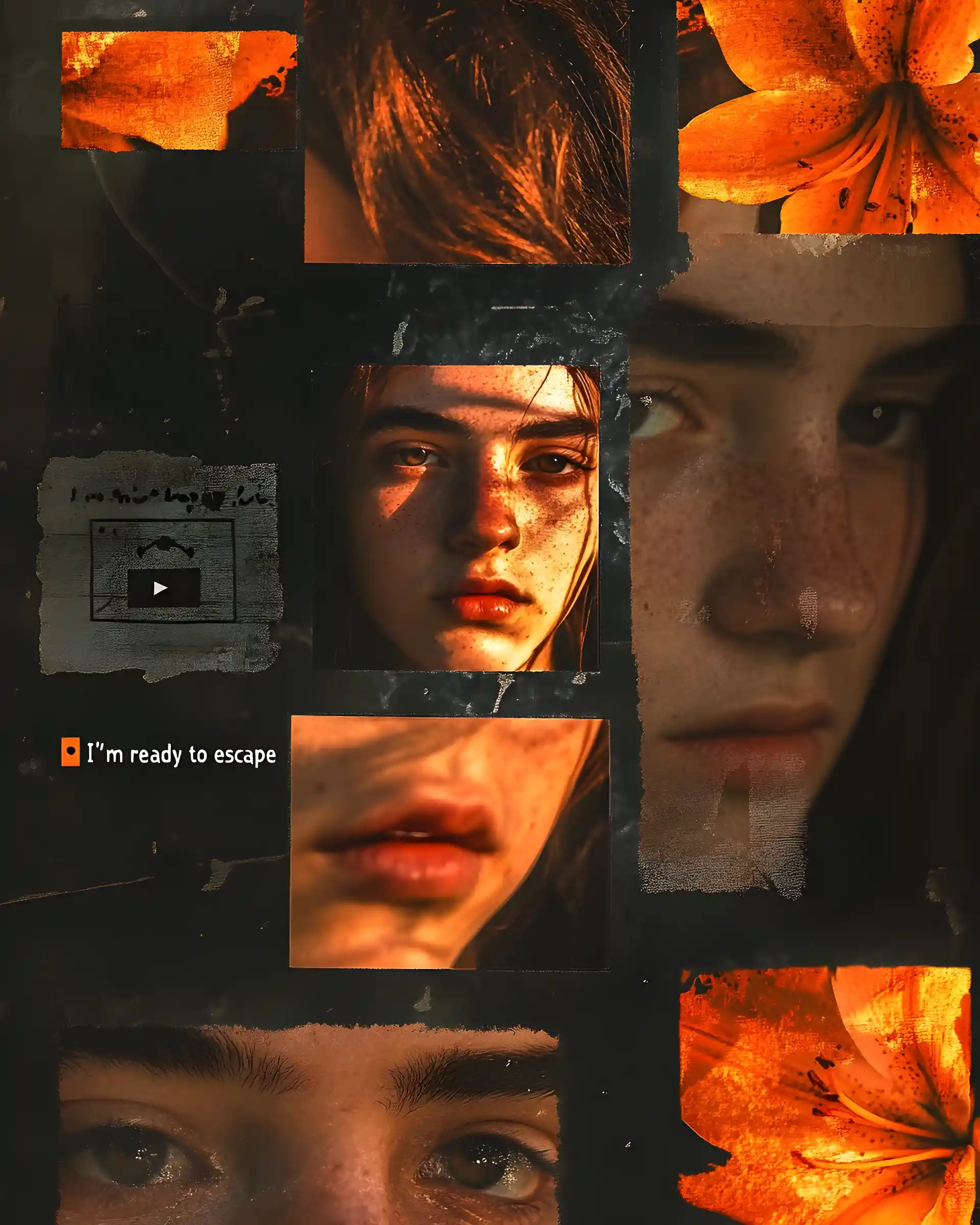 Collage cinematografico di una ragazza in una calda luce di flash