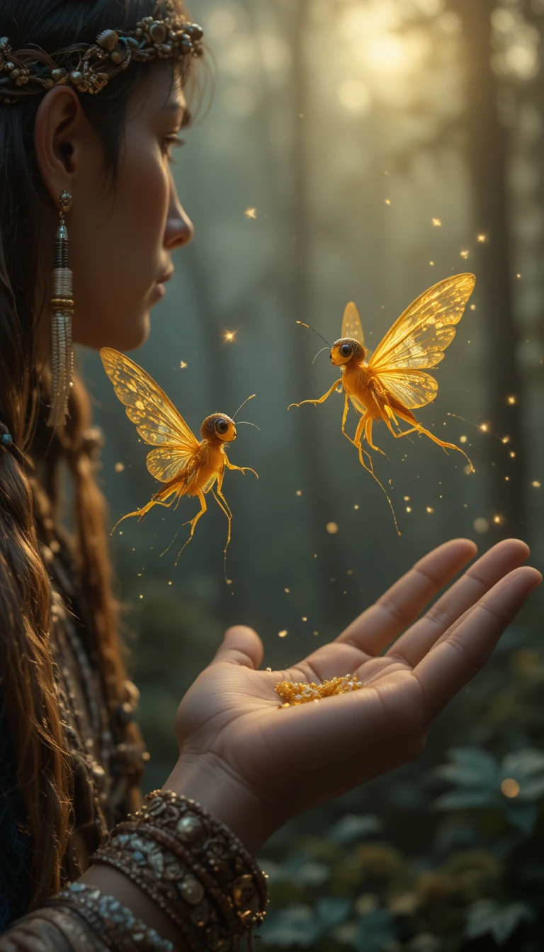 Tiny glowing fairies resting on a man’s open hand