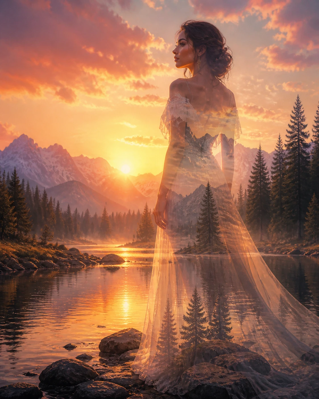 Woman at a tranquil mountain riverbank at glowing sunset