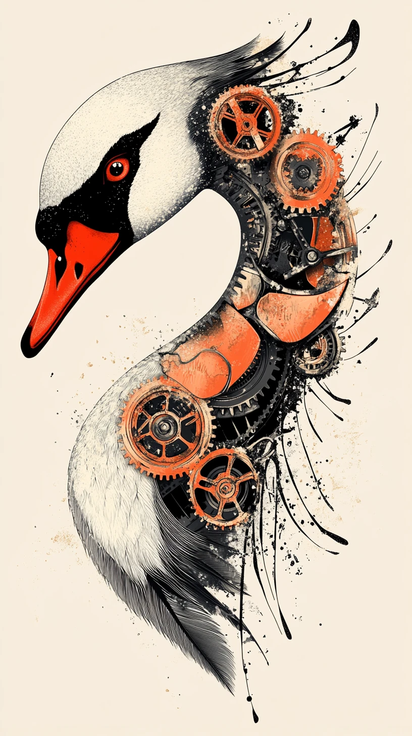 Pop art swan profile with mechanical clockwork details
