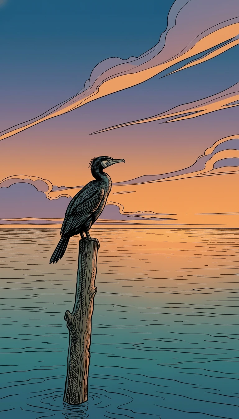 Cormorán sobre poste en mar en calma al atardecer minimalista
