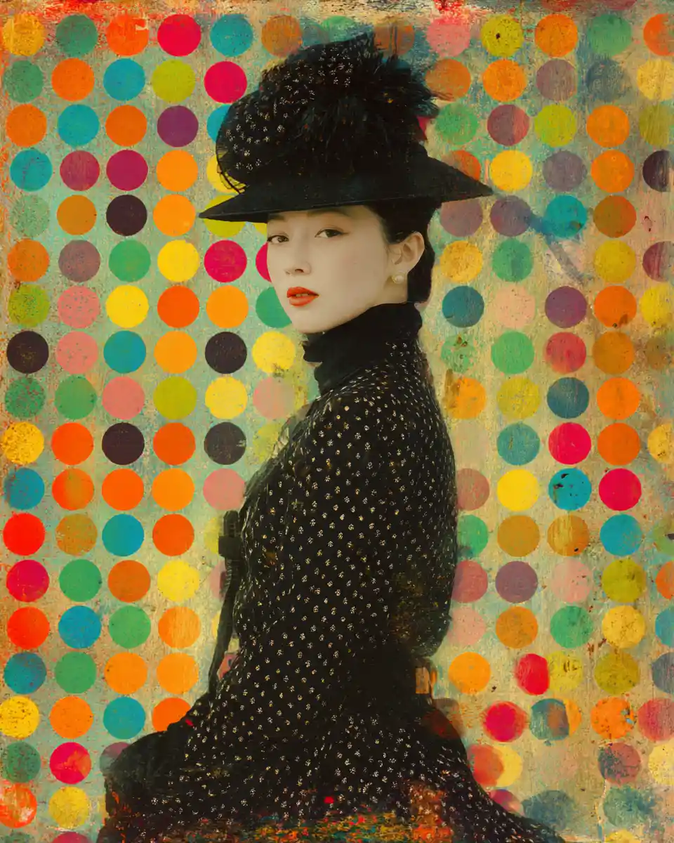 Whimsical mixed media print with colorful disco dot bokeh background