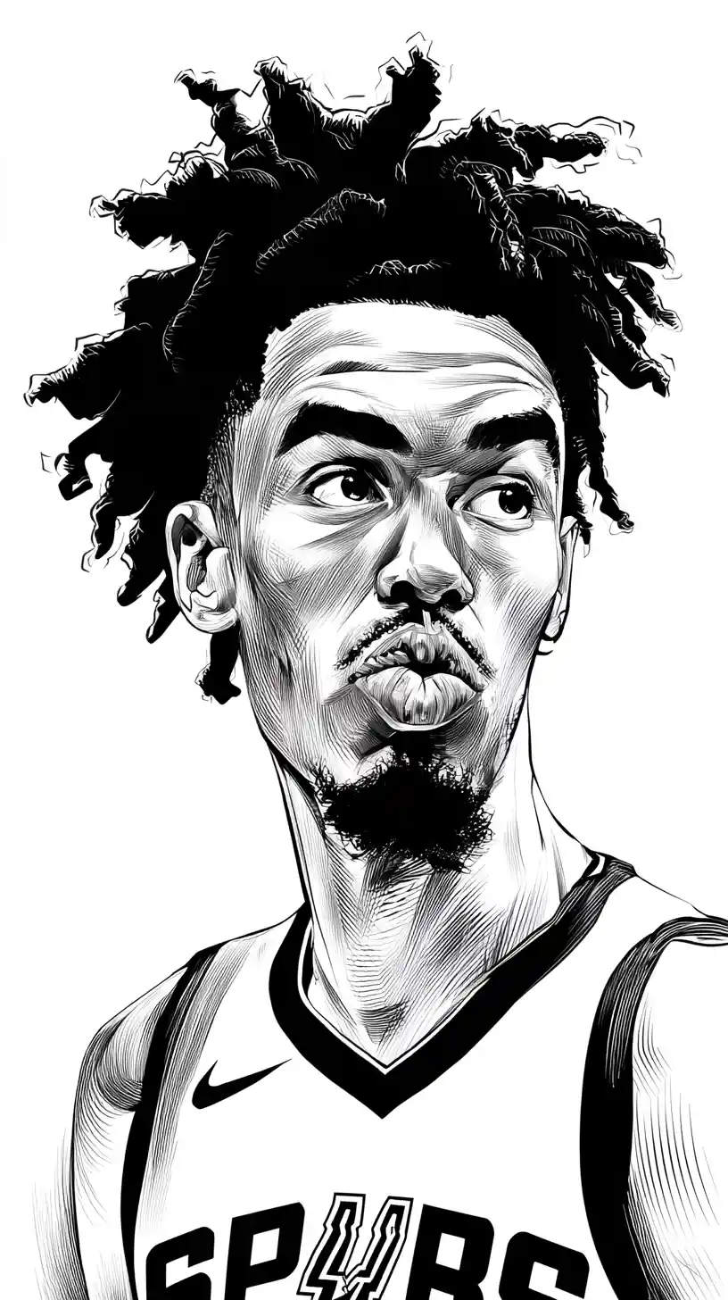 Caricature ink illustration of a basketball player in black and white