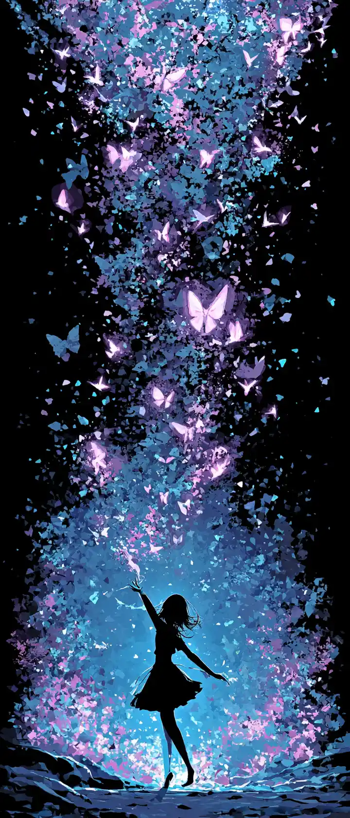 Anime alchemist girl surrounded by glowing ink butterflies
