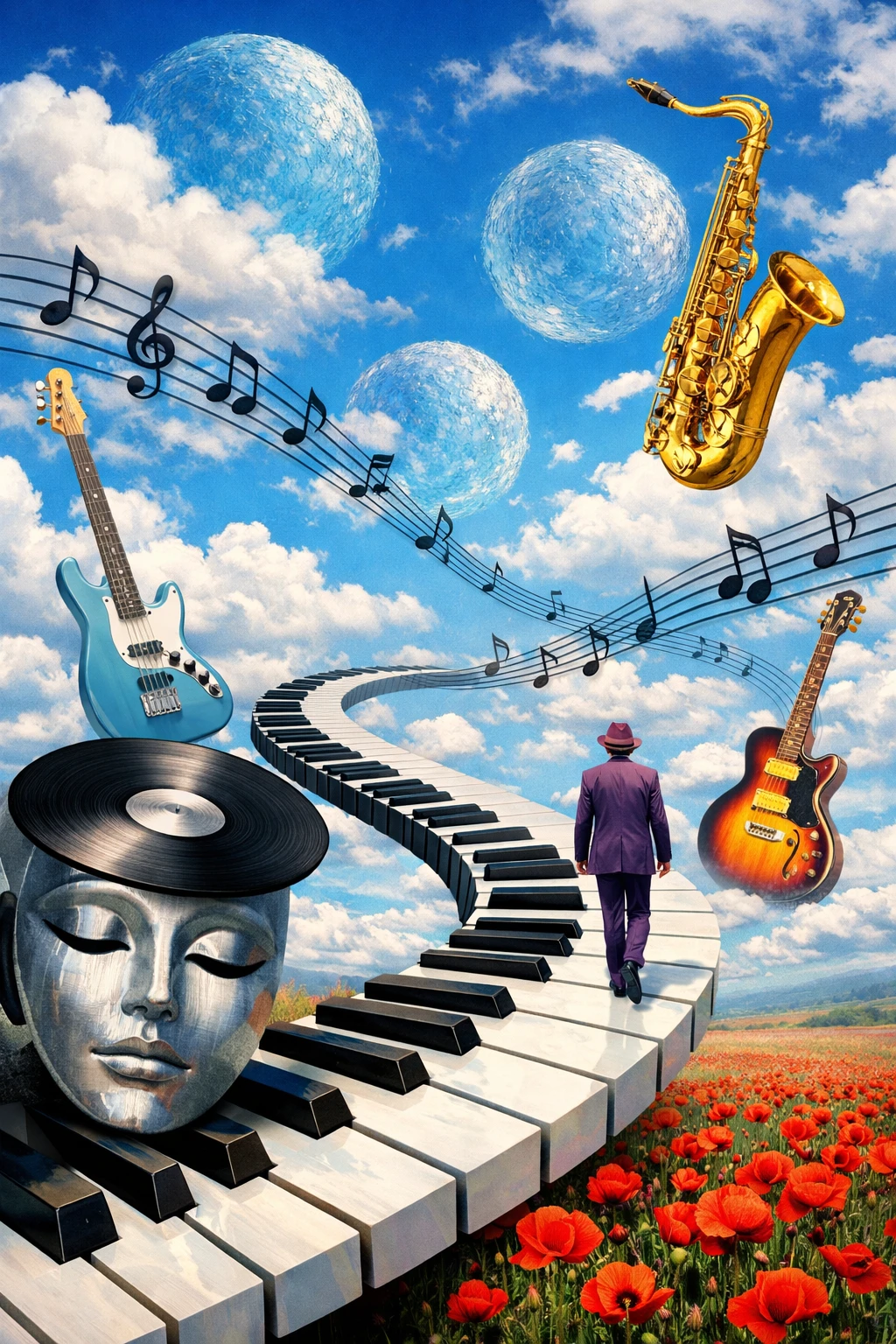 Surreal piano path in a bright musical sky