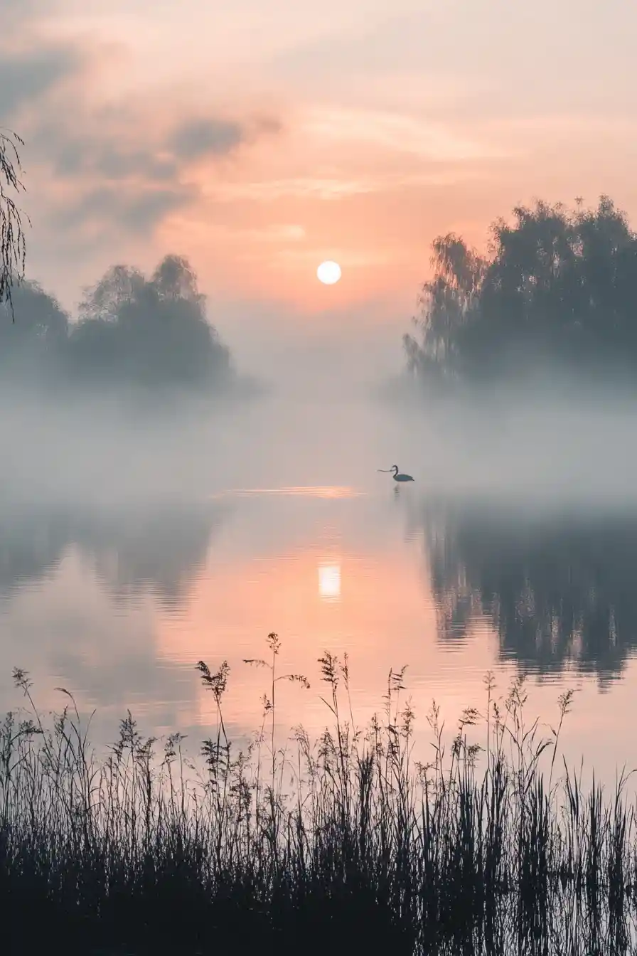 Friedlicher Sonnenaufgang im Feuchtgebiet mit Reiher und Seerosen