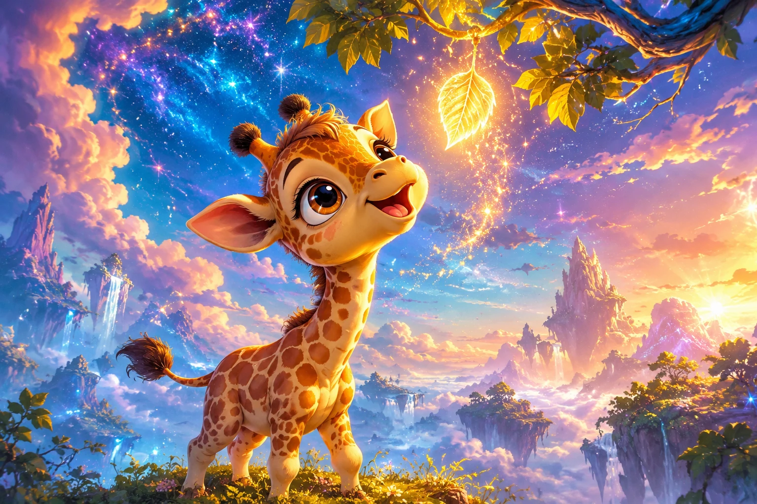 Cute cartoon baby giraffe reaching for a glowing leaf
