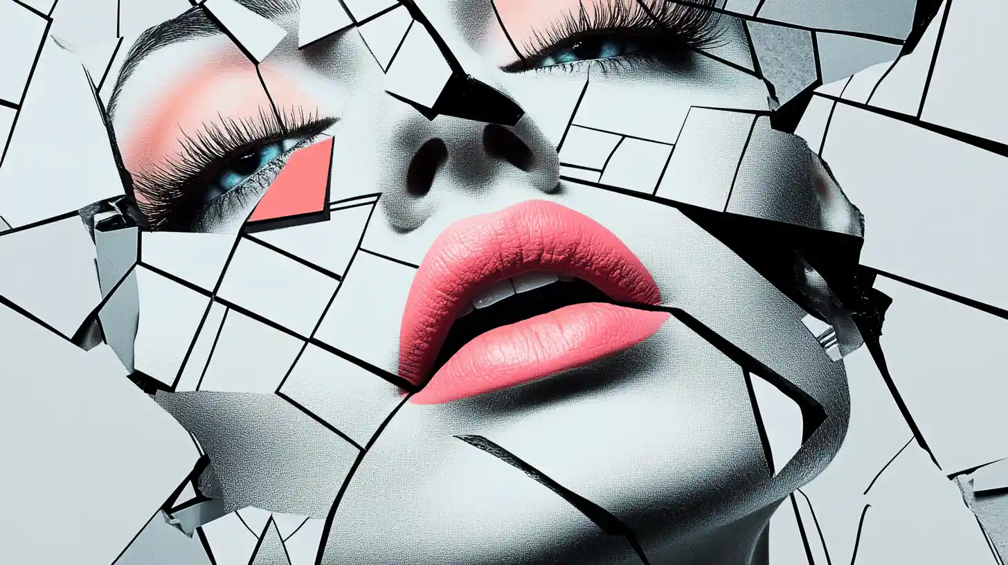 Surreal fragmented woman portrait with shattered geometric face
