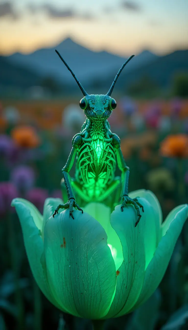 Macro firefly on tulip petal glowing in soft sunset light
