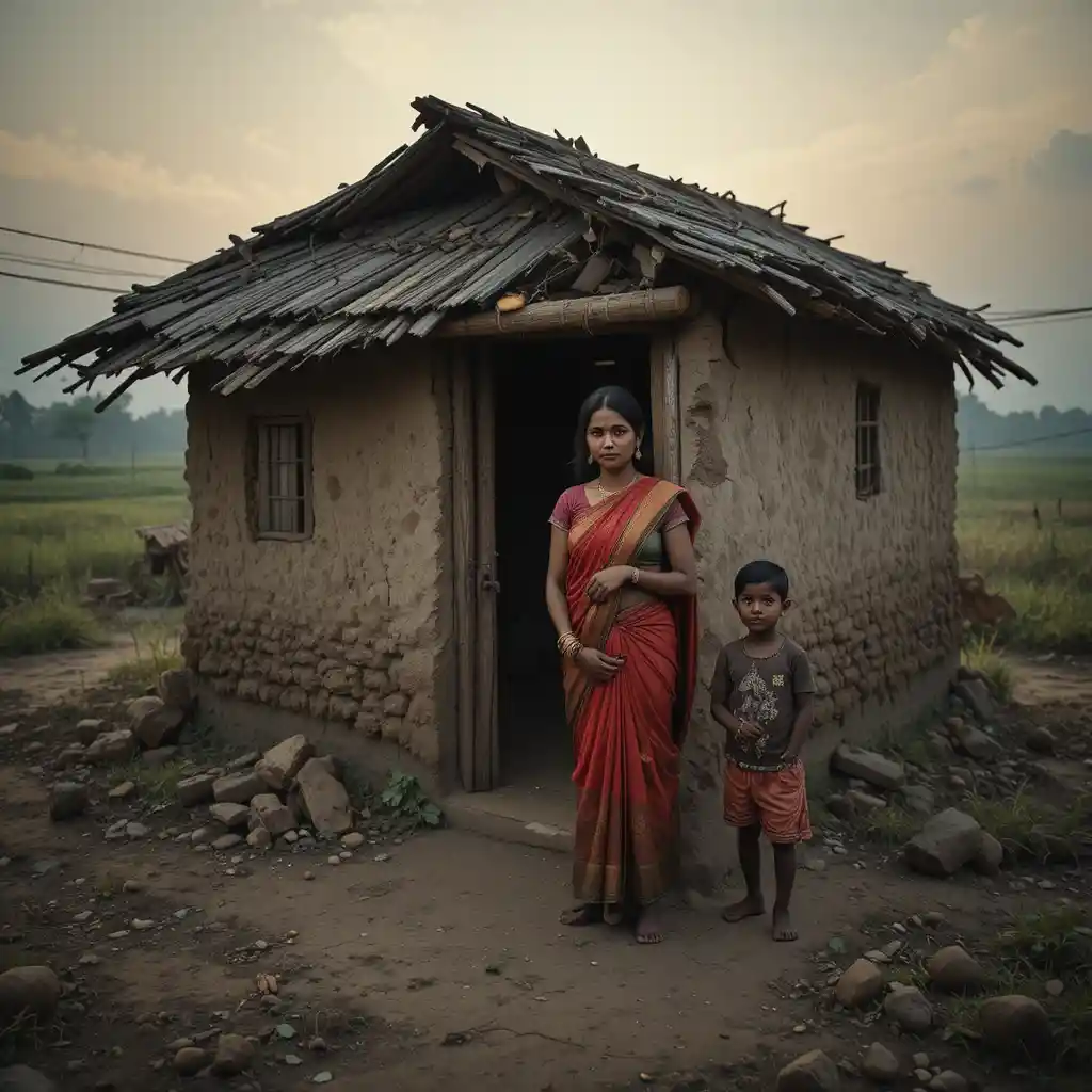 Widow mother and young son outside rural Indian mud house