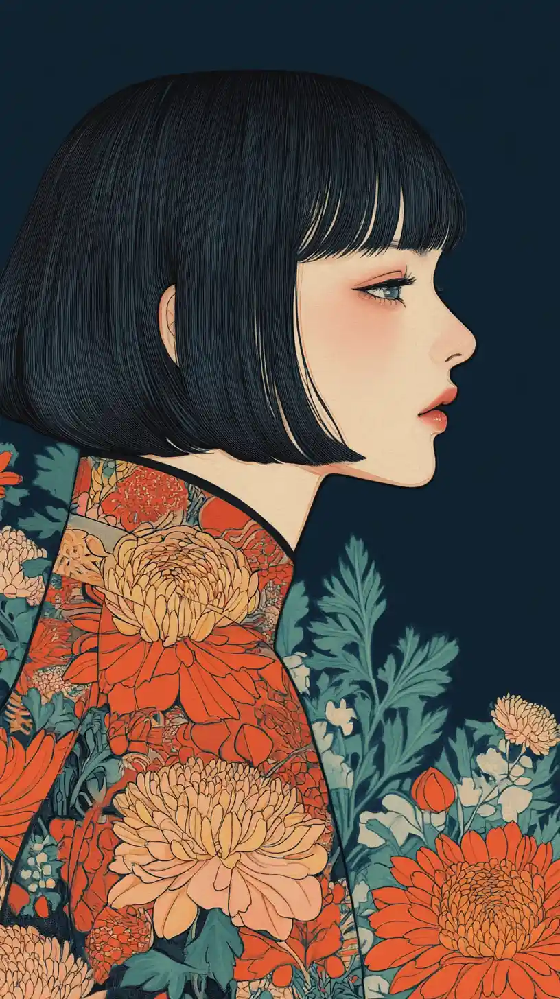Ukiyo e portrait of girl in patterned jacket with flowers