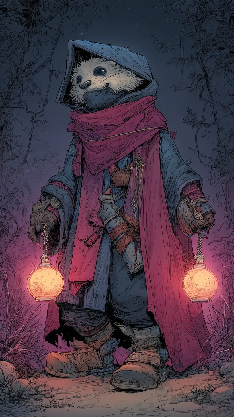 Hooded Meerkat Mage Holding Glowing Lanterns In Forest