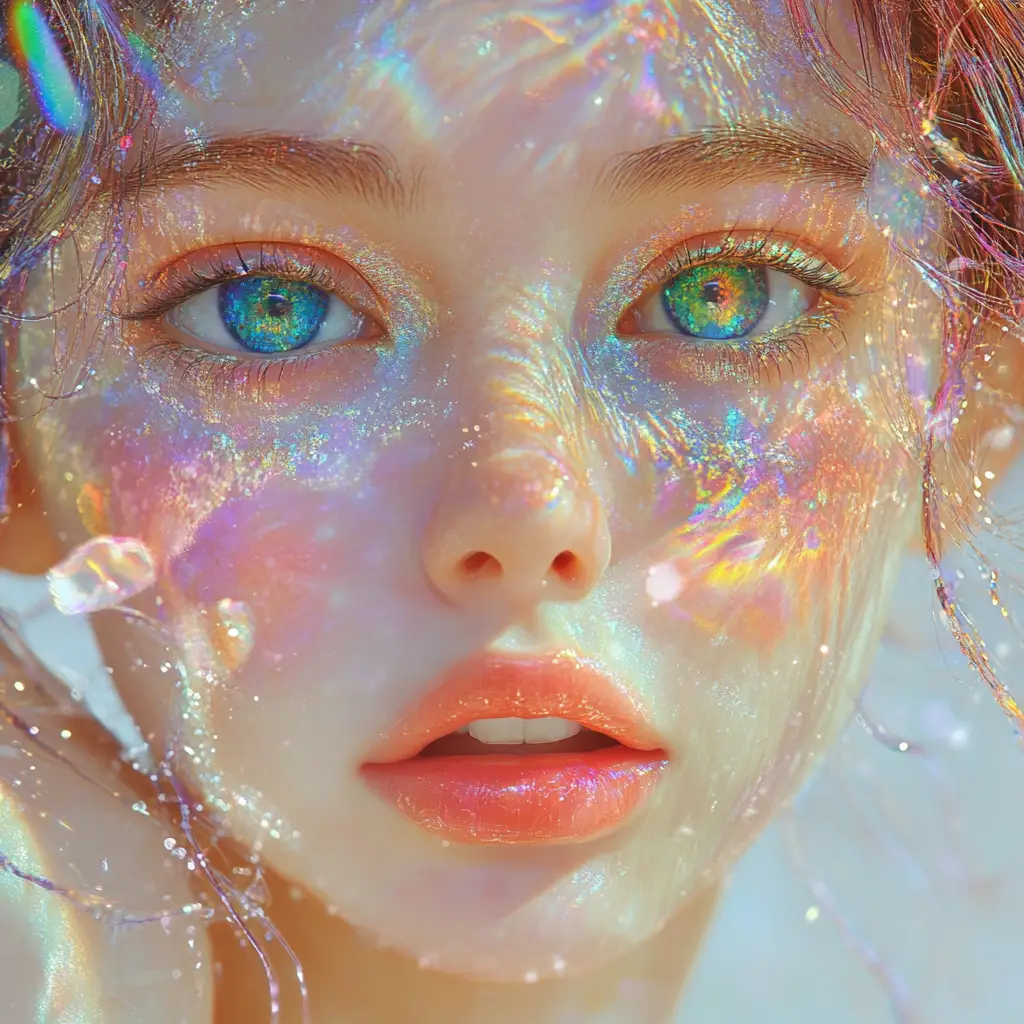 Whimsical metallic fairy in vivid psychedelic pastel colors